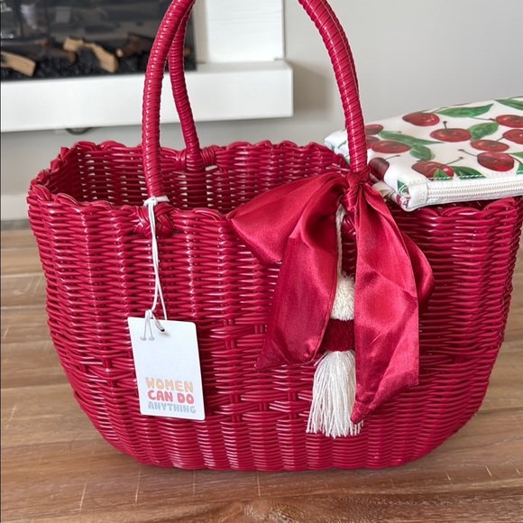 NWT Most Wanted Red Woven Tote Bag with Cherry Print wristlet - Picture 1 of 6